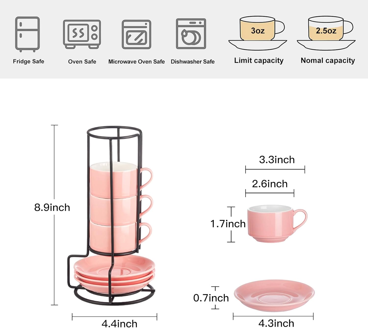 YOLIFE 2.5oz Porcelain Stackable Espresso Cups with Saucers and Metal Stand Set of 4, Stackable Cappuccino Cups, Pink Expresso Shots Cup Set for Coffee Drinks, Latte, Tea