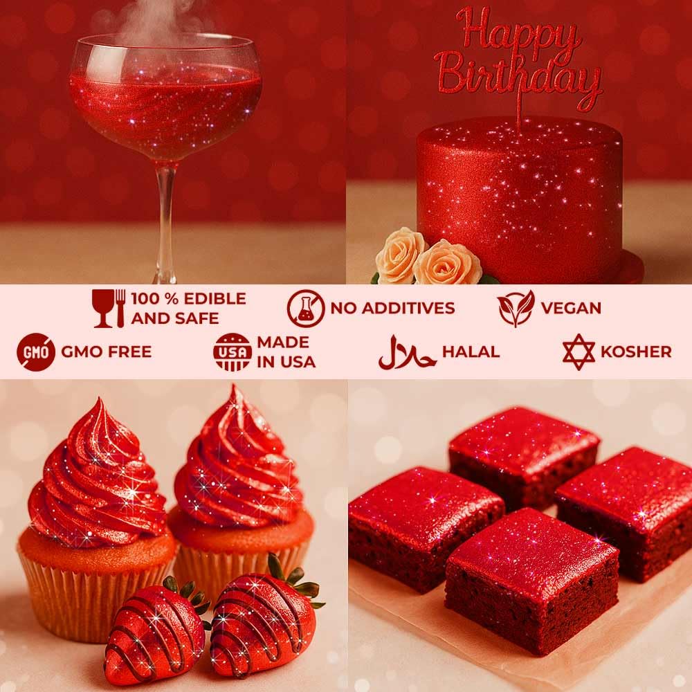 Bulk 20g Red Edible Glitter for Drinks | Premium Edible Glitter for Cakes, Cocktails, Red Cake Decorating Decorations Food Grade, Vegan, Kosher, Halal, Gluten Free - Made in USA
