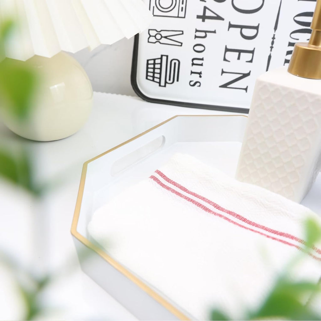 White Decorative Tray with Handles, Octagon Versatile Serving Tray for Coffee Table, Ottoman, Ideal for Serving, Displaying, Organizing