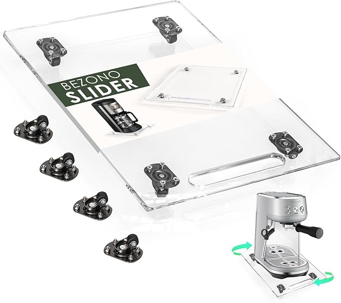 360° Sliding Tray for Coffee Maker & Kitchen Appliances - Silent Rubber Wheels, Clear Acrylic Organizer Tray for Under Cabinet - Space Saving Countertop Accessory, 9.8x14 Inch (Clear)