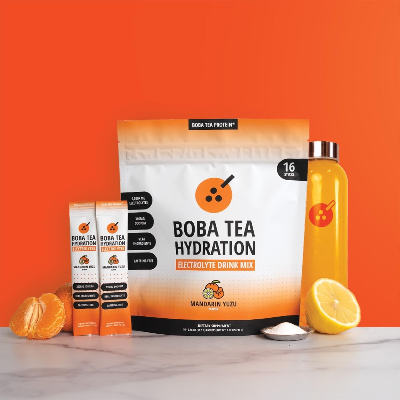 Boba Tea Hydration | Electrolyte Powder Drink Mix | Mandarin Yuzu | 1000mg Electrolytes, Vitamin C | 16 Stick Packets