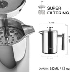 Secura French Press Coffee Maker, 304 Grade Stainless Steel Insulated Coffee Press with 2 Extra Screens, 12oz (0.35 Litre), Silver (SFP-12DS)