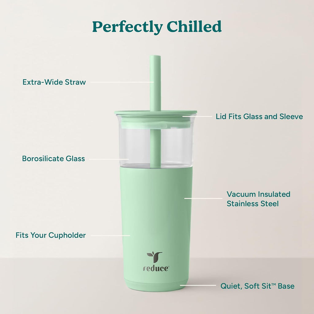 REDUCE Aspen 20 oz Vacuum Insulated Glass Tumbler with Lid & Extra Wide Straw - Keeps Drinks Cold for 12 Hrs - Ideal for Iced Coffee, Smoothies & Boba - Dishwasher Safe, Soft Base - Matcha