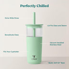 REDUCE Aspen 20 oz Vacuum Insulated Glass Tumbler with Lid & Extra Wide Straw - Keeps Drinks Cold for 12 Hrs - Ideal for Iced Coffee, Smoothies & Boba - Dishwasher Safe, Soft Base - Matcha