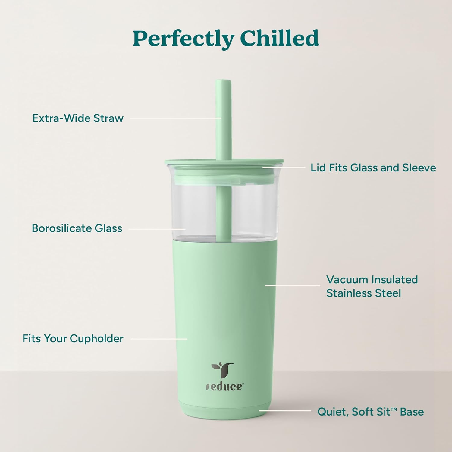 REDUCE Aspen 20 oz Vacuum Insulated Glass Tumbler with Lid & Extra Wide Straw - Keeps Drinks Cold for 12 Hrs - Ideal for Iced Coffee, Smoothies & Boba - Dishwasher Safe, Soft Base - Matcha