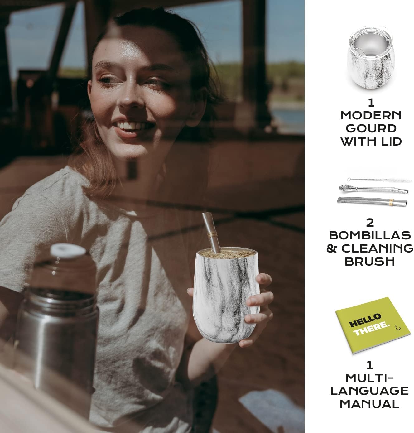 BALIBETOV 5 pcs large Yerba Mate Cup and Bombilla Kit, Includes one 12 oz Yerba Mate Gourd with Lid, Two Bombillas Mate Straw and one cleaning brush | Stainless steel | Double Walled