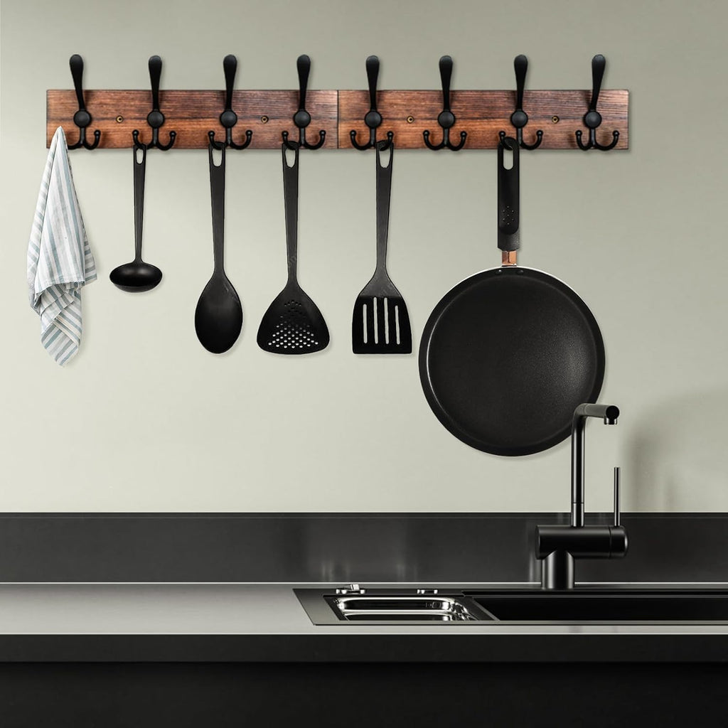 IBosins Wall Mounted Coat Rack, 31-2/5'' Long, Entryway Hanging Rack, Metal Wood Coat Hooks Rack with 8 Black Rustic Tri-Hooks Rail for Coat, Bag, Towel, Key, Hat, Umbrella