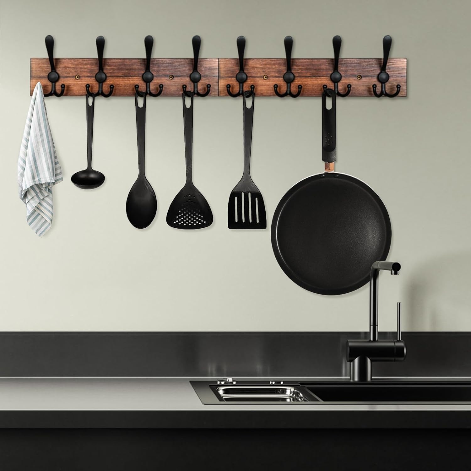 IBosins Wall Mounted Coat Rack, 31-2/5'' Long, Entryway Hanging Rack, Metal Wood Coat Hooks Rack with 8 Black Rustic Tri-Hooks Rail for Coat, Bag, Towel, Key, Hat, Umbrella