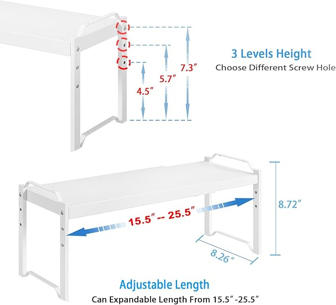 2 Pack Stackable Expandable Shelves For Kitchen Cabinet Countertop Storage, Adjustable Counter Cupboard Pantry Organizer Shelf Rack Stand, Length:25.5 Inch