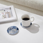 Set of 6 Abstract Navy Blue Marble Coasters with Holder, Absorbent Ceramic Drink Coasters for Table Protection, Housewarming Gifts for New Home