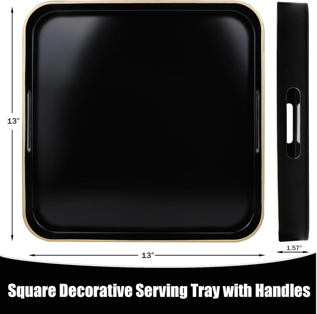 Black Square Decorative Tray with Handles, 13"*13" Versatile Serving Tray for Coffee Table, Ottoman, Ideal for Serving, Displaying, Organizing
