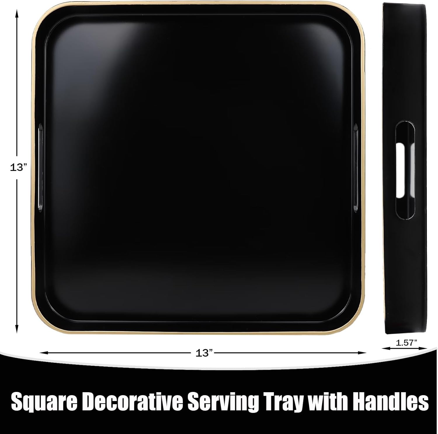 Black Square Decorative Tray with Handles, 13"*13" Versatile Serving Tray for Coffee Table, Ottoman, Ideal for Serving, Displaying, Organizing