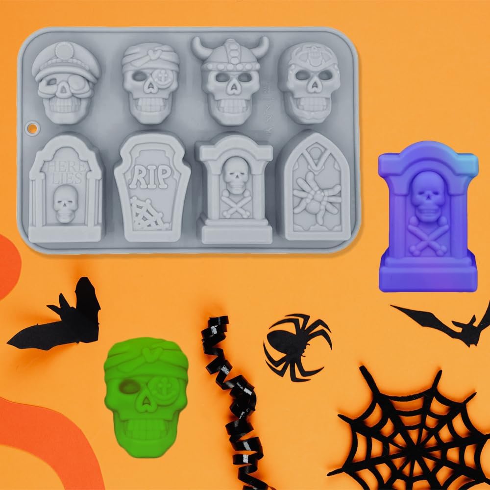 Halloween Chocolate Mold Silicone,2pcs Cavity Candy Gummy Mold with Skull and Tombstone for Baking Chocolate Jelly Gummy Desser