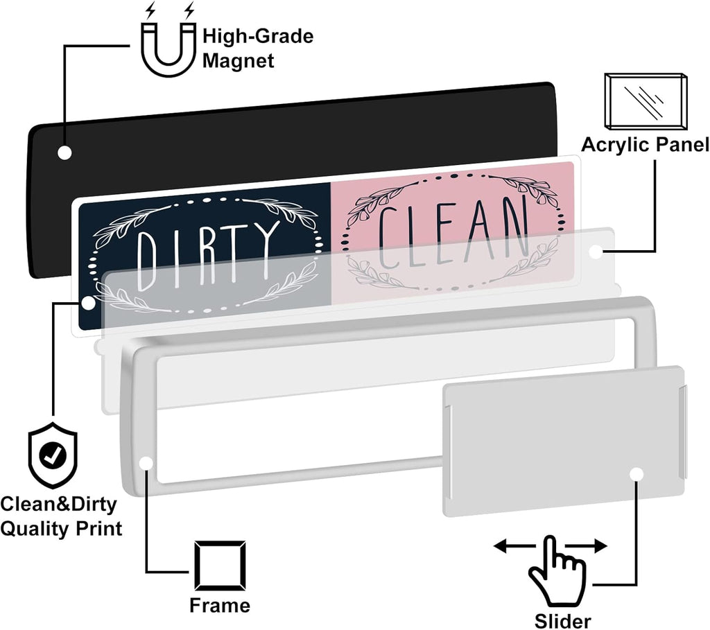 KitchenTour Clean Dirty Magnet for Dishwasher Upgrade Super Strong Magnet - Easy to Read Non-Scratch Magnetic Silver Indicator Sign with Clear, Bold & Colored Text, Pink