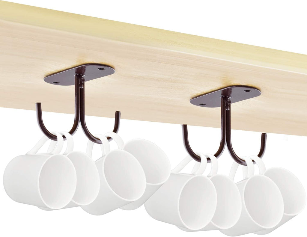 Mocoum Under Cabinet Mug Hooks, Rustic Mug Organizer Rack Under Shelf Hanging Rack for Mugs, Coffee Cups, Utensils Brown, Holds 6 (Max. 6 Mugs)