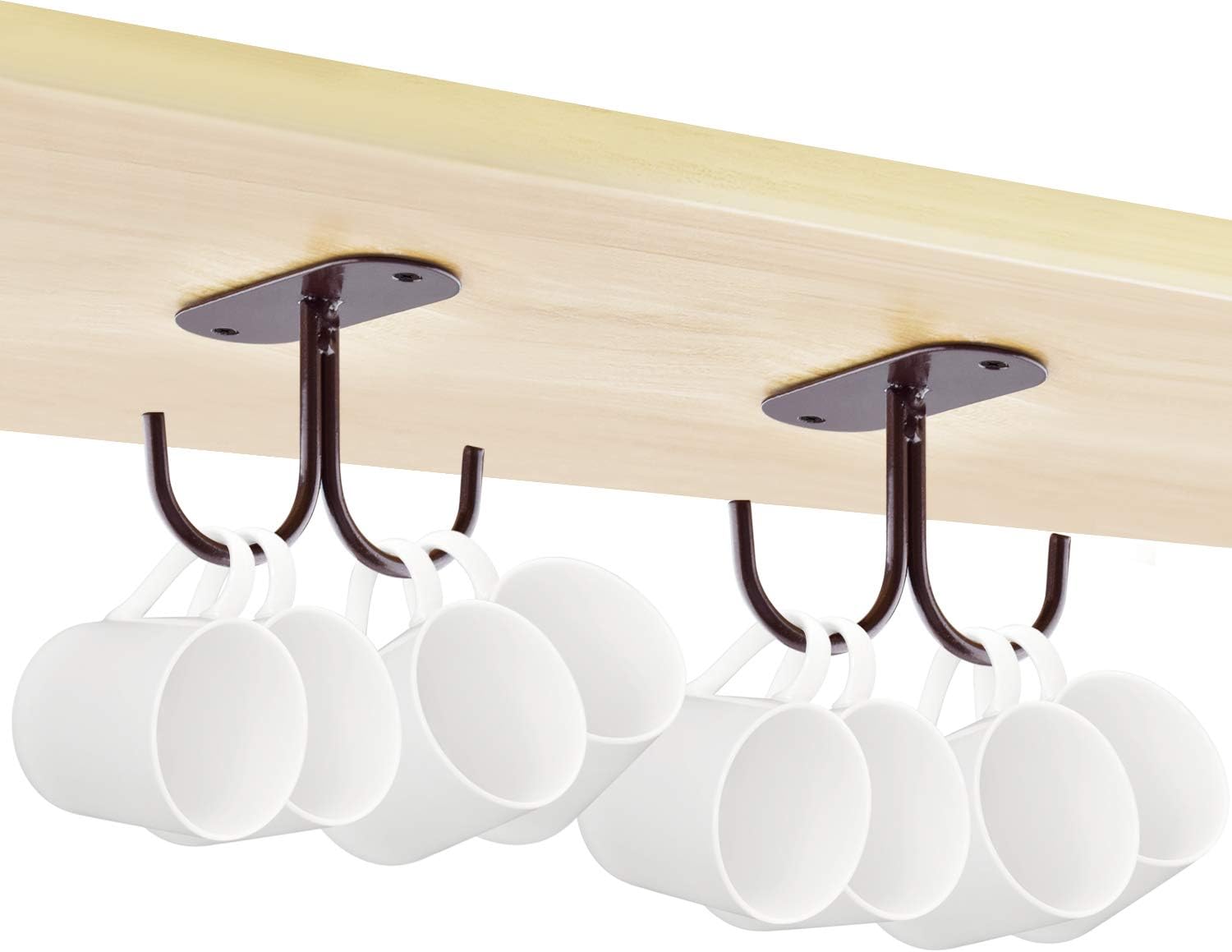 Mocoum Under Cabinet Mug Hooks, Rustic Mug Organizer Rack Under Shelf Hanging Rack for Mugs, Coffee Cups, Utensils Brown, Holds 6 (Max. 6 Mugs)