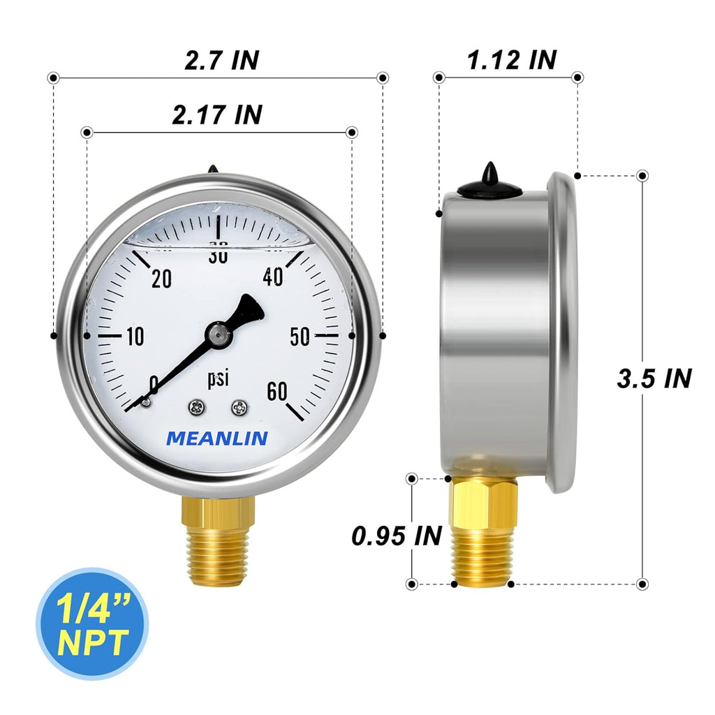 MEANLIN MEASURE 0~60Psi Stainless Steel 1/4" NPT 2.5" Single Scale FACE DIAL, Glycerin Filled Pressure Gauge, Pool Sand Filter, Lower Mount, with 1/2" NPT and 3/8" NPT Hex Bushing