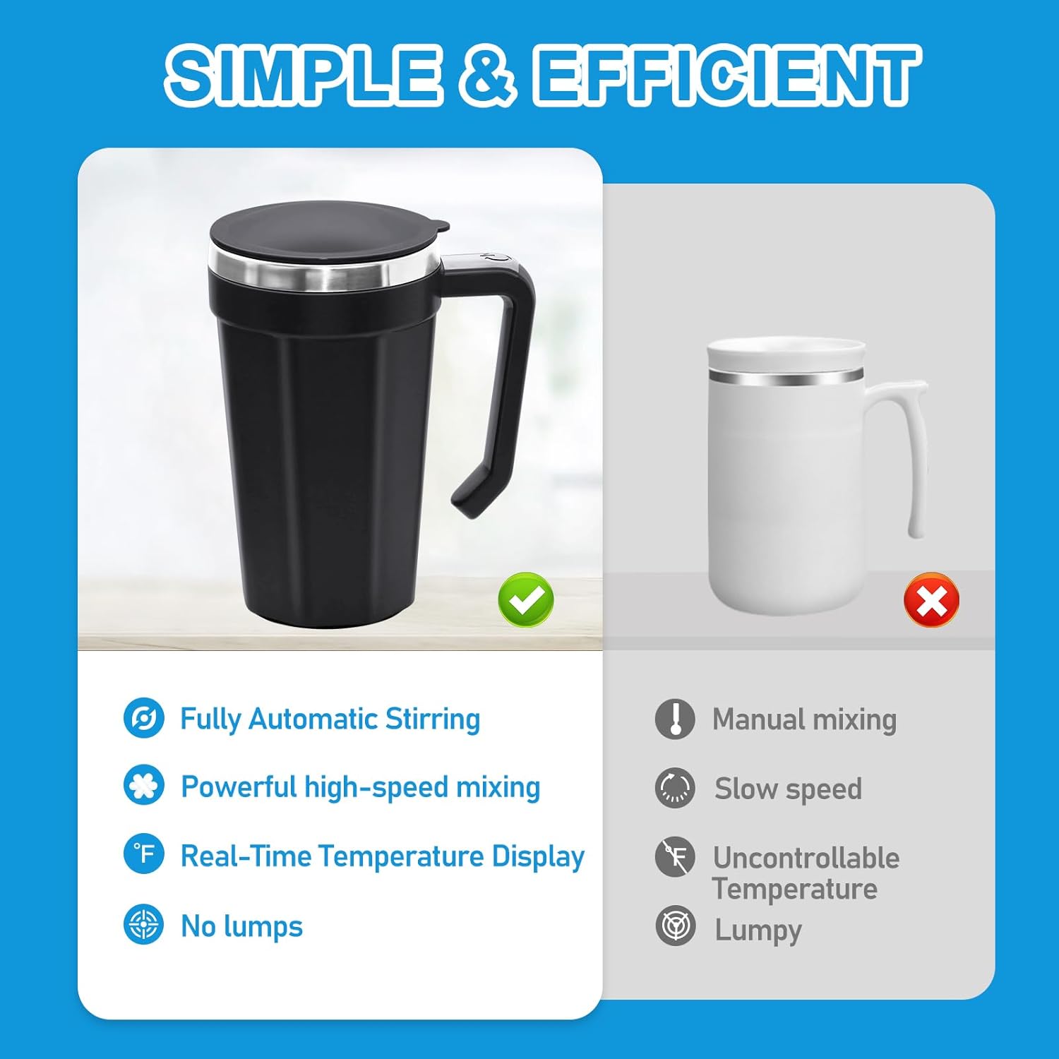 Self Stirring Coffee Mug with Temperature Display, 15oz Automatic Magnetic Mixing Cup, Rechargeable Travel Mug for Coffee, Milk, Cocoa - (Black)