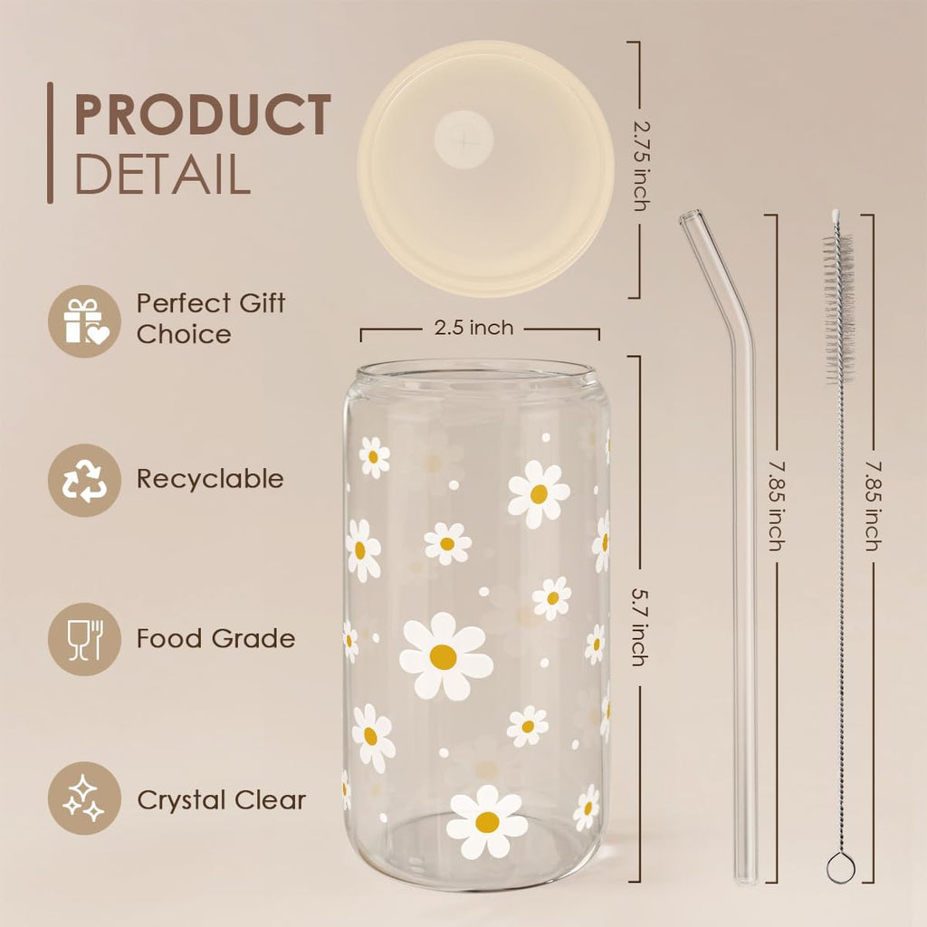 Daisy 16 Oz Can Glass Tumbler with Acrylic Lid and Straw - Iced Coffee Cups for Women, Aesthetic Glass Cup Gift for Birthday Christmas