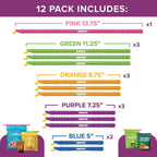 GripStic 12pc Assorted Bag Clips. Durable and reusable chip clips seal food bags air tight. Set includes: (2) 5" Blue, (3) 7.25" Purple, (3) 8.75" Orange, (3) 11.25" Green, (1) 13" Pink.
