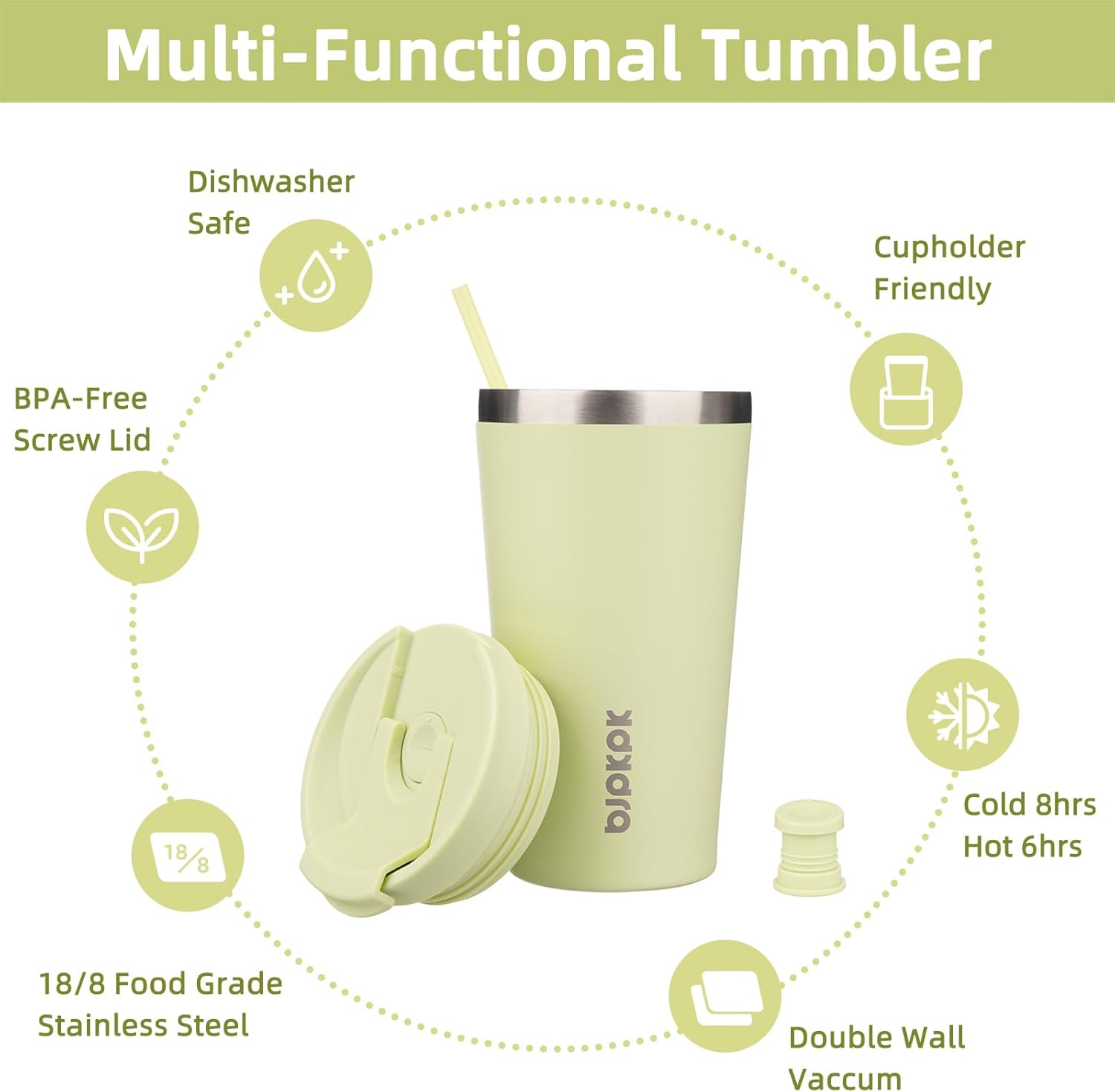 BJPKPK 18oz Insulated Tumbler With lid And Straw Stainless Steel Tumblers Travel Coffee Mug Reusable Thermal Cup,Macaron Green