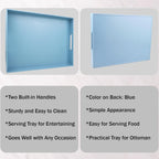 Blue Serving Tray for Coffee Table, Rectangular Plastic Decorative Tray with Handles for Entertaining, Outdoor Patio, Living Room, Ottoman, Bathroom Counter, 11.8”*15.7”*1.6”