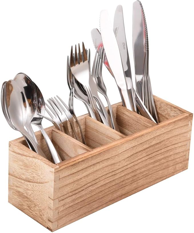 WuGeShop Wood Cutlery Caddy, Kitchen Utensil Organizer with 4 Compartments, Silverware Storage Kitchen Countertop Flatware Organizer