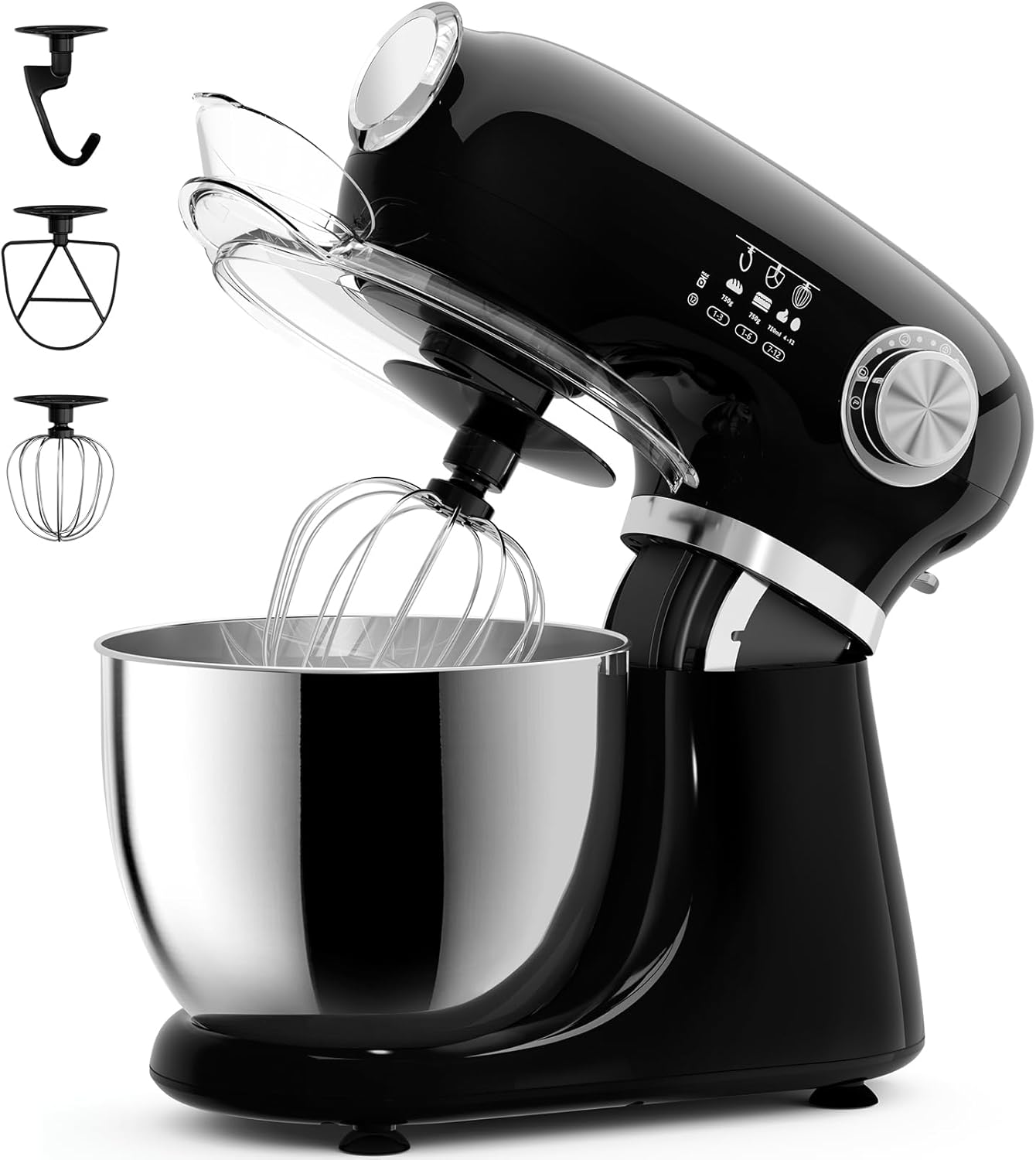 Cowsar Stand Mixer, 12 Speeds Tilt-Head Electric Commercial Stand Mixer, 3-In-1 Kitchen Mixer with Bowl, Dough Hook, Whisk and Beater, Black