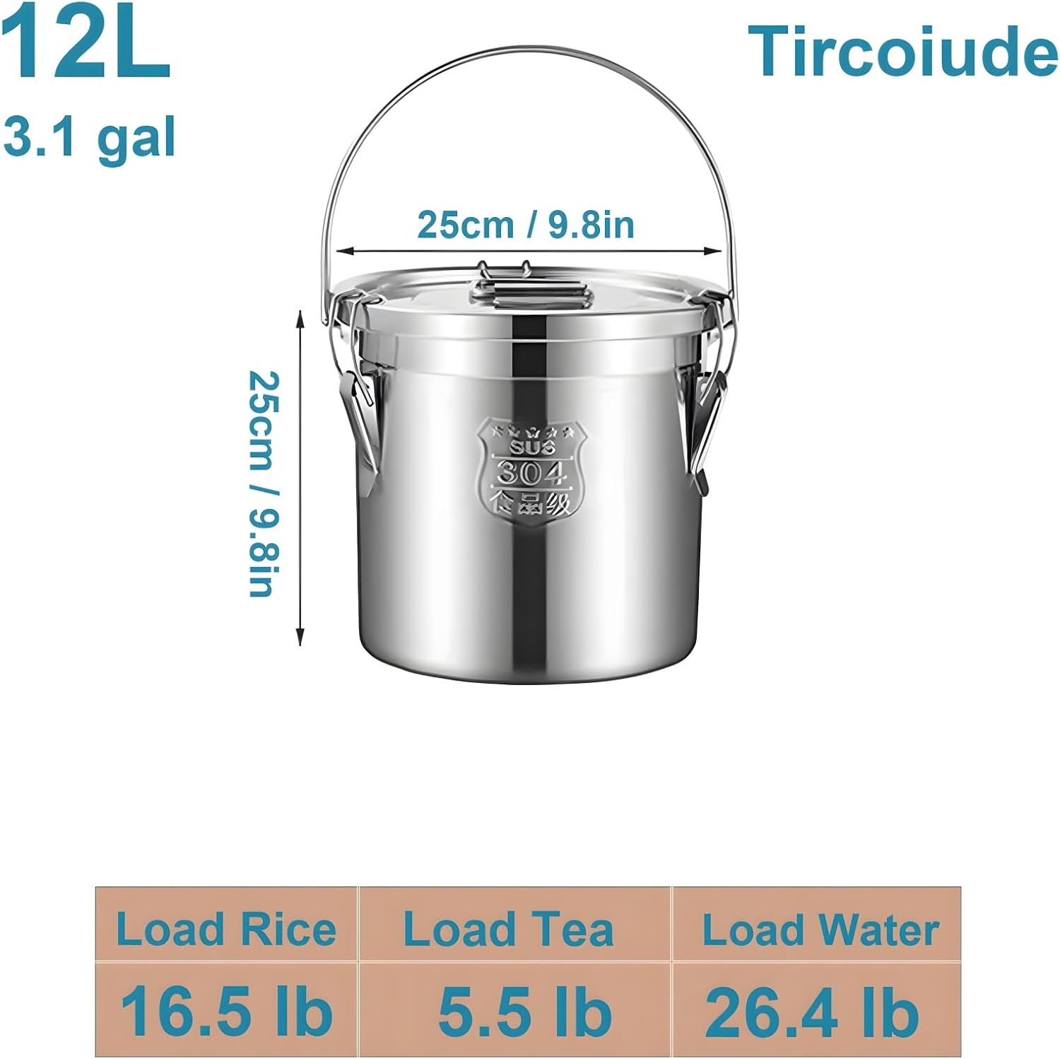 304 Stainless Steel Kitchen Airtight Canister, 12L 3.1 gal Rice Oil Food Storage Bucket Transport Can with andles Airtight Lid for Rice Flour Grain Coffee Bean Pail Container