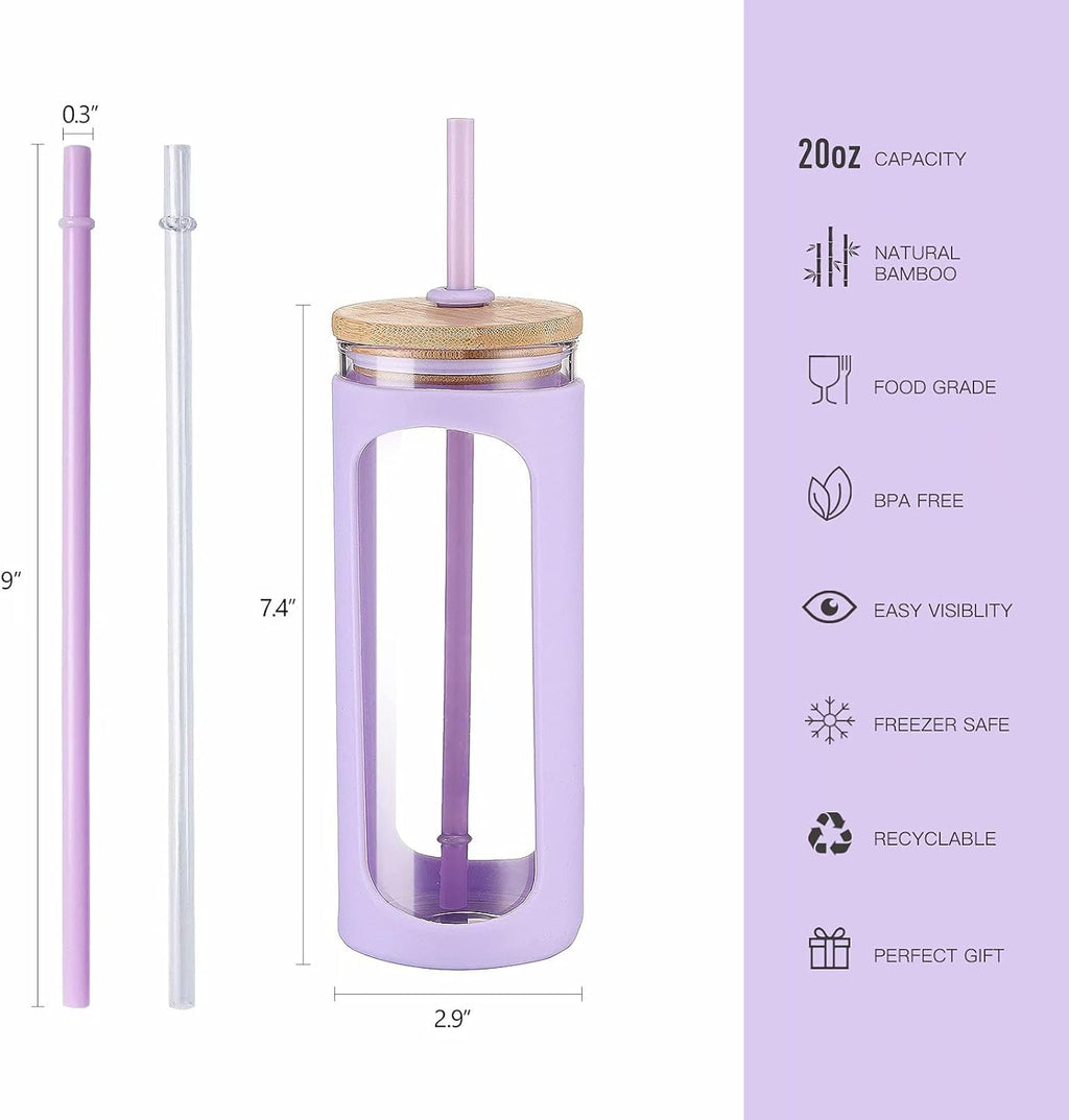 Kodrine 20oz Glass Tumbler with Straw and Lid, Bamboo Lids Water Bottle, Reusable Iced Coffee Cups, Wide Mouth Smoothie Cup with Protective Silicone Sleeve BPA FREE-Purple-2pack