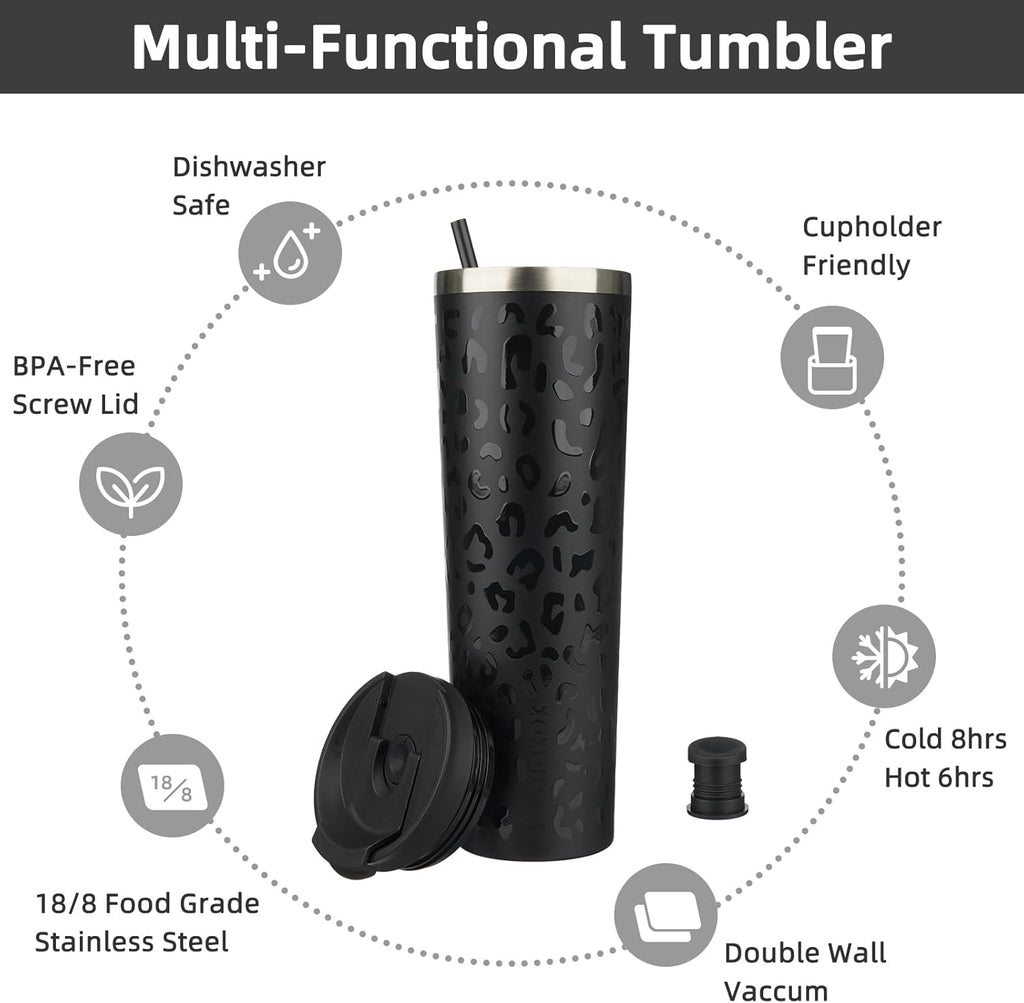 BJPKPK 34oz Insulated Tumbler With lid And Straw Stainless Steel Tumblers Travel Coffee Mug Reusable Thermal Cup,Black Leopard