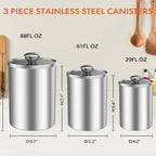 ENLOY Stainless Steel Food Storage Container Set of 3, 88/61/29 oz with Clear Glass Lids - Ideal for Coffee, Tea, Sugar, Flour Canisters