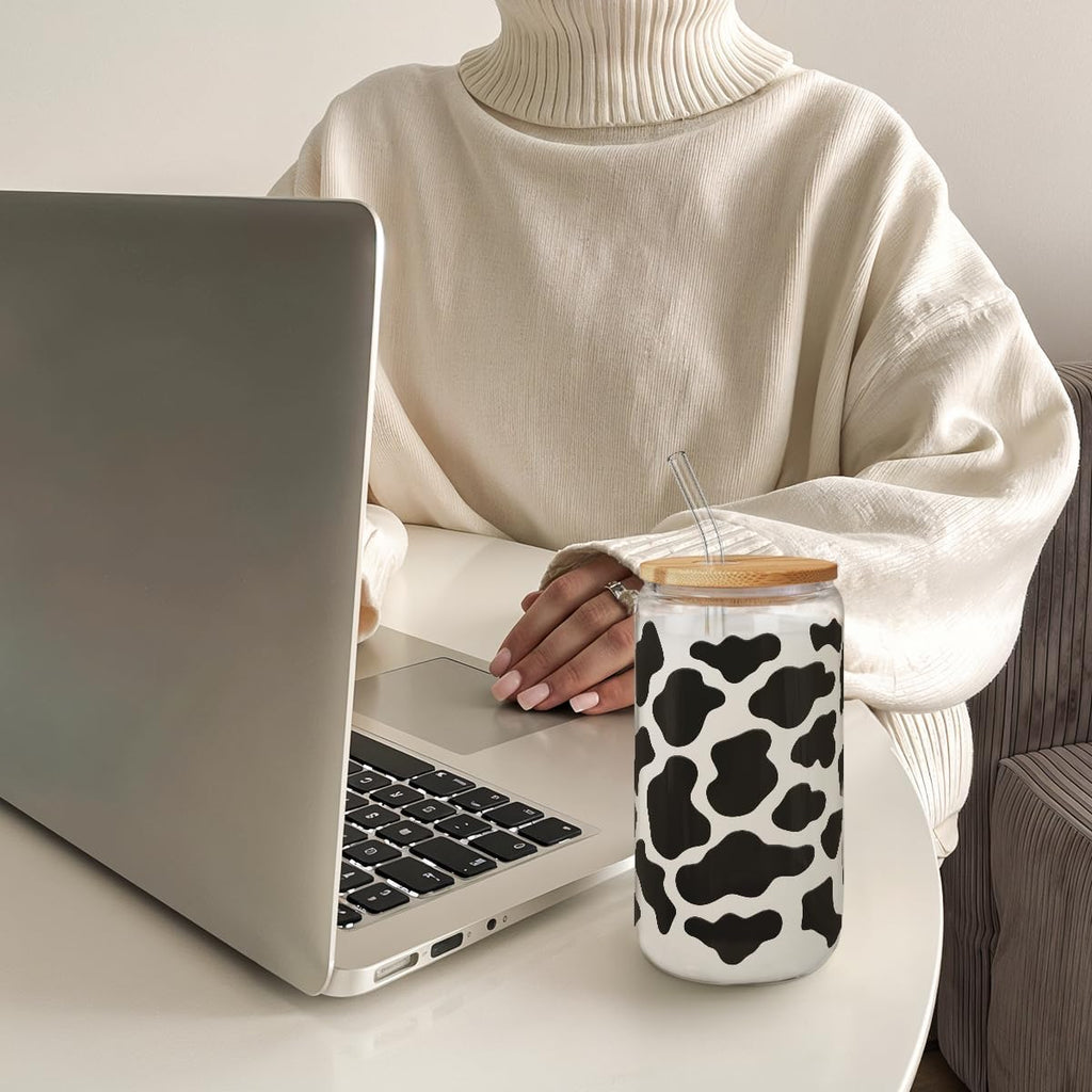 SANDJEST Cow Glass Can, Cow Prints Cup with Lid & Straw, Iced Coffee Aesthetic Cups, Idea Gift for Christmas Birthday Mother Day, Gifts for Women, 16oz