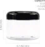 Cornucopia Brands 12 Ounce Clear Plastic Jars w/Black Plastic Lids (6-Pack); BPA Free PET Stackable Canisters for Bathroom & Kitchen Storage