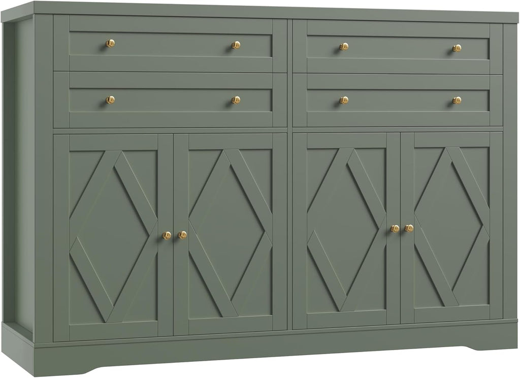 HOSTACK 55" Coffee Bar with 4 Large Drawers, 40" Tall Buffet Cabinet with Storage, Kitchen Storage Cabinet, Modern Farmhouse Sideboard Buffet, Adjustable Shelves for Living Room, Green