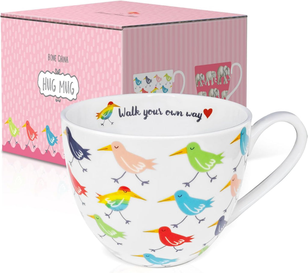 Birds Mugs for Daily Coffee and Tea, Premium 20 oz Bone China Coffee Tea Hug Mug, Perfect Holiday and Birthday Gift for Bird Lovers, Designed in England by Harvest Green Studio