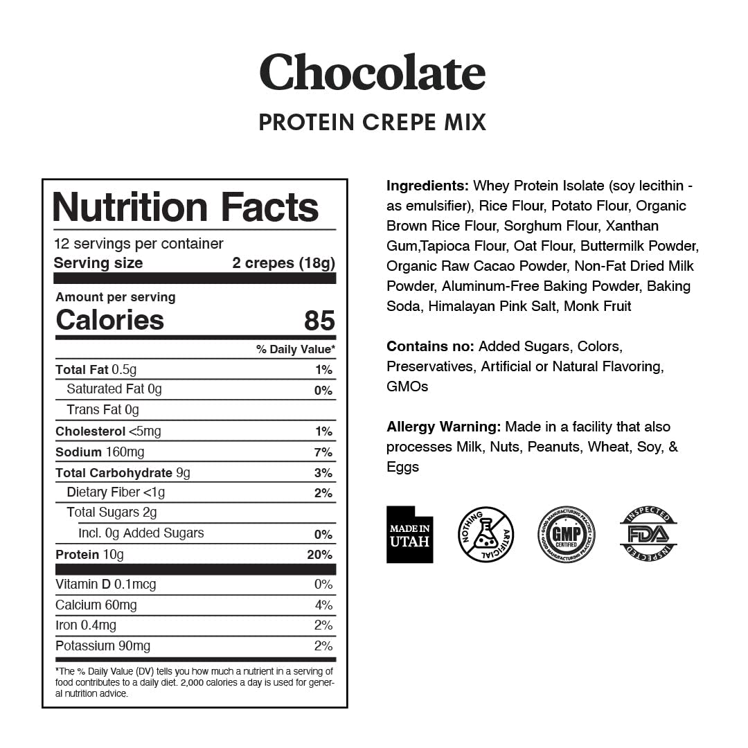 ProDough High Protein- Gluten Free French Crepe Mix, Low Carb, 8g of Protein per Serving, No Added Sugars, Keto Friendly, Makes 24 Crepes (Chocolate)