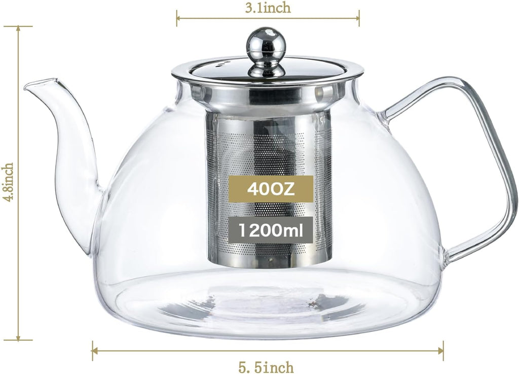1200 ml/40 oz Glass Teapot with Infuser, Glass Tea Kettle Stovetop，Tea Pot with Infusers for Loose Tea, Tea Maker Gift