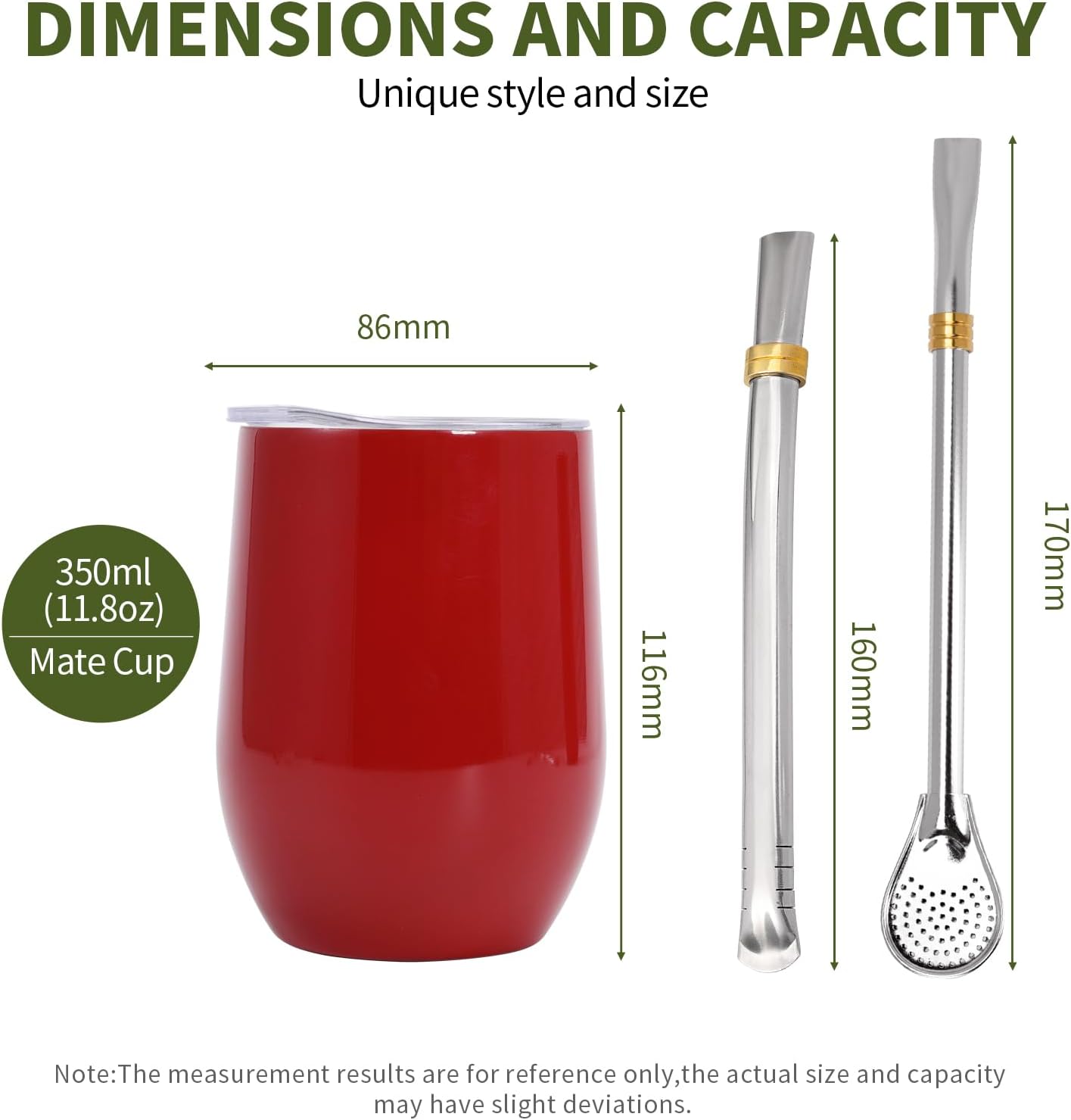 Yerba Mate Cup with Lid, 2 Bombillas, Cleaning Brush, 11.8oz Stainless Steel Double-Wall Insulated Gourd (Red)