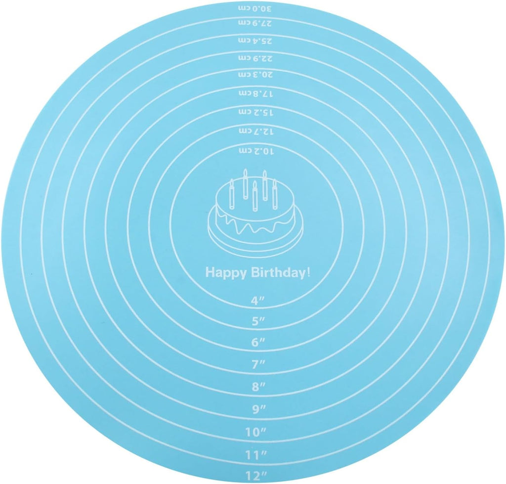Hitefu 12 Inch Round Silicone Cake Mat, Silicone Baking Mat with Measurement for Cake Turntable & Rolling Dough (Blue)