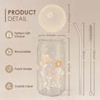 SANDJEST Flower Glass Can, Floral Cup with Lid & Straw, Iced Coffee Aesthetic Cups, Idea Gift for Christmas Birthday Mother Day, Gifts for Women, 16oz