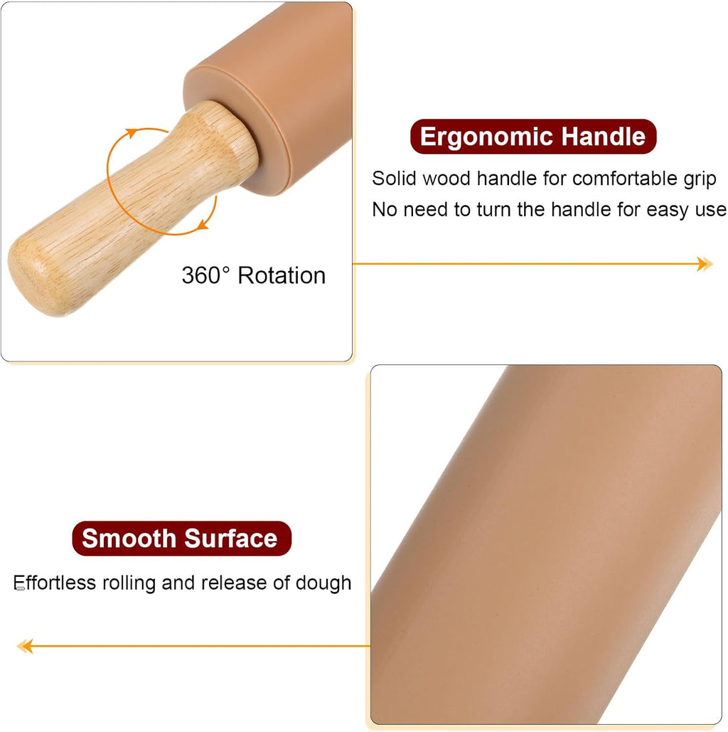 HARFINGTON Silicone Rolling Pins for Baking 14.96 Inch Non-Stick Silicone Surface Wooden Handle Rolling Pin Small Roller Playdough Rolling Pins for Fondant Kitchen Dough Pizza, Brown