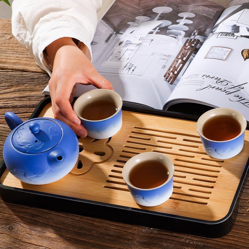 LURRIER Gongfu tea sets, Portable Ceramic TeaSet, Asian Tea sets for adult, Tea Gift sets, Grey leather case, Portable Travel Bag,Home,Gifting,Outdoor and Office(XBlue and White)