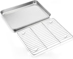 Stainless Steel Baking Sheet with Rack Set, E-far 12.4”x9.7” Cookie Sheet Broiling Pan for Oven, Rimmed Metal Tray with Wire Rack for Cooking/Baking/Cooling/Bacon, Non-toxic & Dishwasher Safe