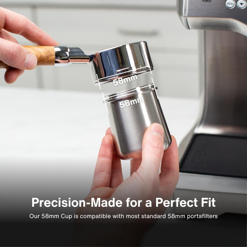 Crema Coffee Products 58mm Dosing Cup | Compatible with Breville Portafilters etc | Durable 100% Stainless Steel | Built-In Grinder Tab for Easy Transfer | Sleek, Mess-Free Design | Silver Finish