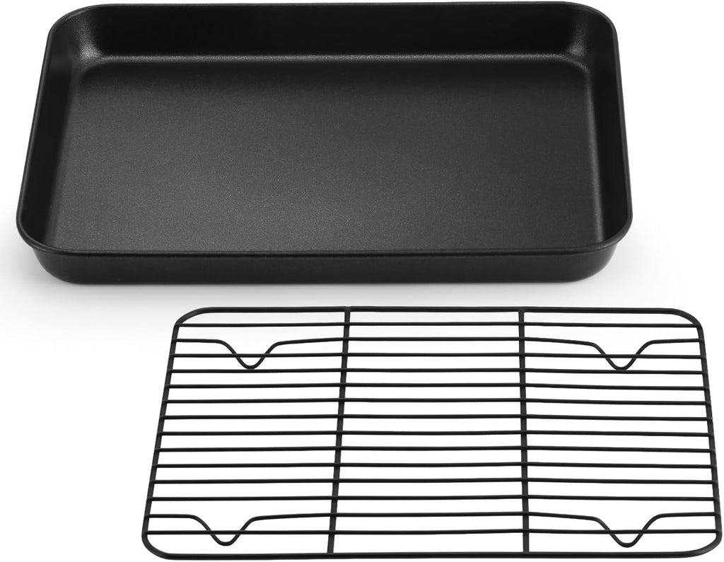 P&P CHEF Baking Oven Sheet Pan with Rack for Cookie, Nonstick Oven Tray and Cooling Rack for Baking & Roasting, Easy Clean, Black, 10.4 x 8 Inch