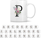 Retreez Initial A-Z Floral Botanical Bouquet Alphabet Monogrammed Monogram Mug 11 Oz Ceramic Tea Coffee Mugs - Appreciation Thank You Wedding Birthday Gifts for her friend coworker sister - P Initial