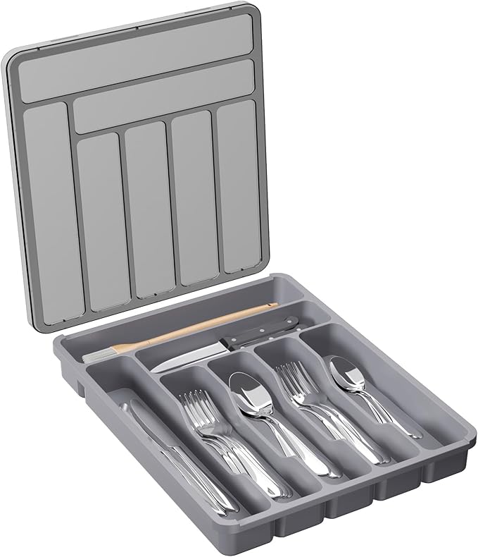 Lifewit Silverware Organizer with Lid, Covered Utensil Tray for Kitchen Drawer and Countertop, Plastic Cutlery and Flatware Storage Box for Spoons Forks Knives Holder Case, 7 Compartments, Gray