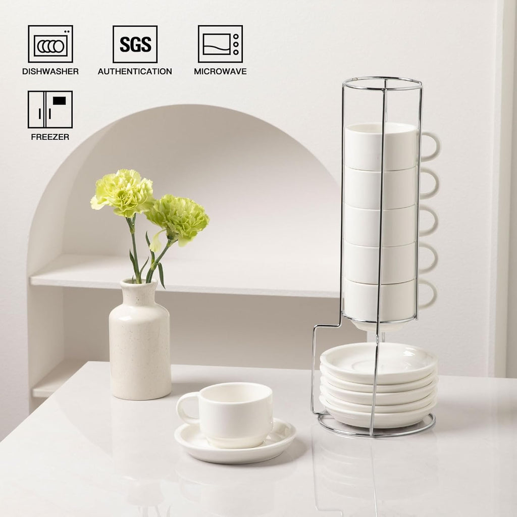 Sweejar Ceramic Espresso Cups Set of 6, Espresso Cup Stackable, 4 Oz Stackable Cappuccino Cups with Saucers and Metal Stand for Coffee Drinks, Americano, Latte, Tea (White)