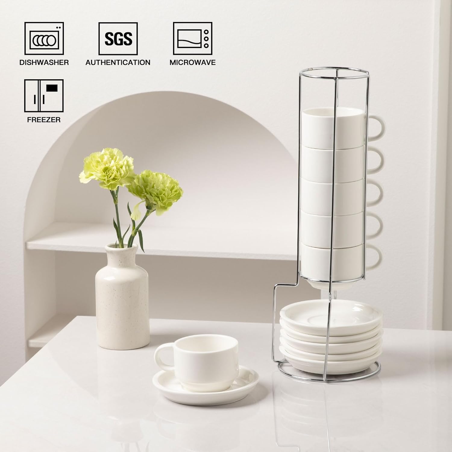 Sweejar Ceramic Espresso Cups Set of 6, Espresso Cup Stackable, 4 Oz Stackable Cappuccino Cups with Saucers and Metal Stand for Coffee Drinks, Americano, Latte, Tea (White)